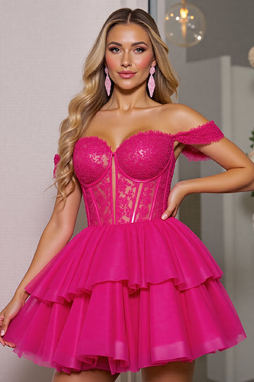 Fuchsia Corset A Line Tiered Short Cocktail Dress with Lace